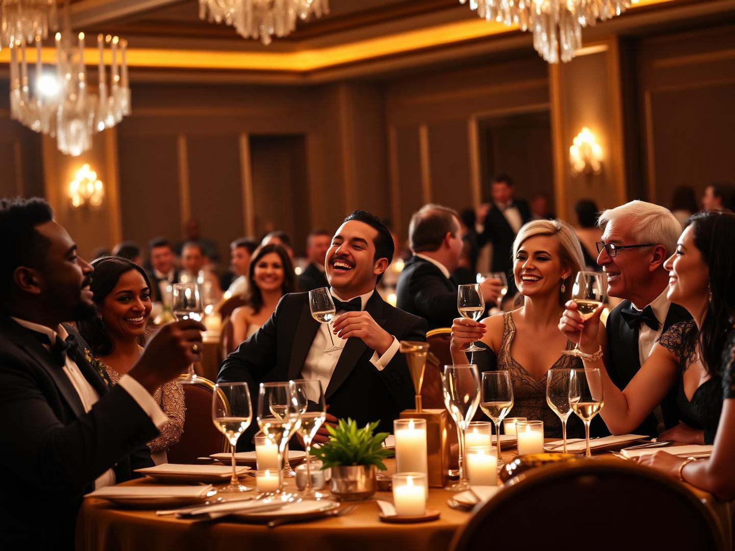 Guests in formalwear toasting at a corporate gala