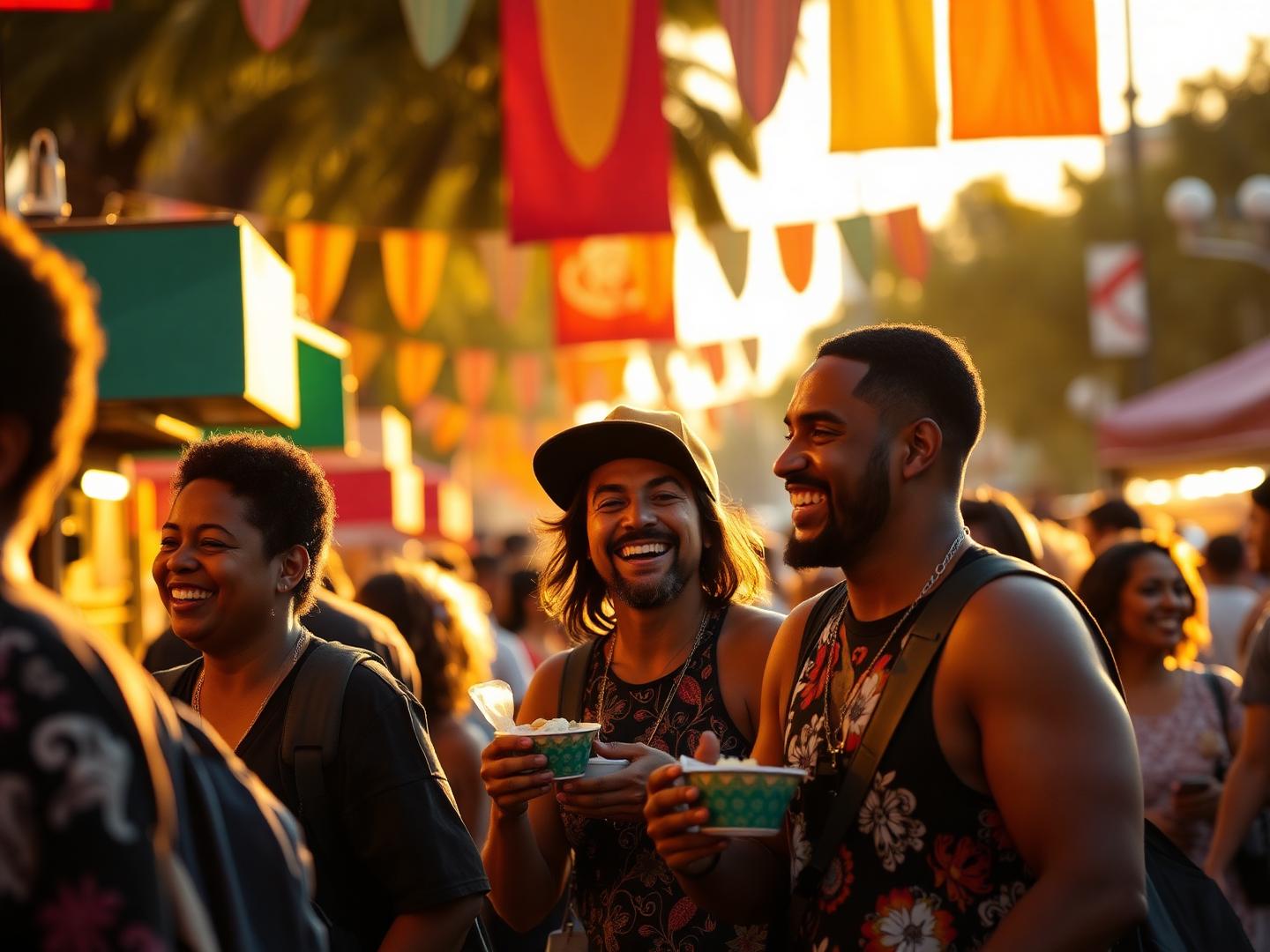 A diverse crowd enjoying food and music at an outdoor cultural festival