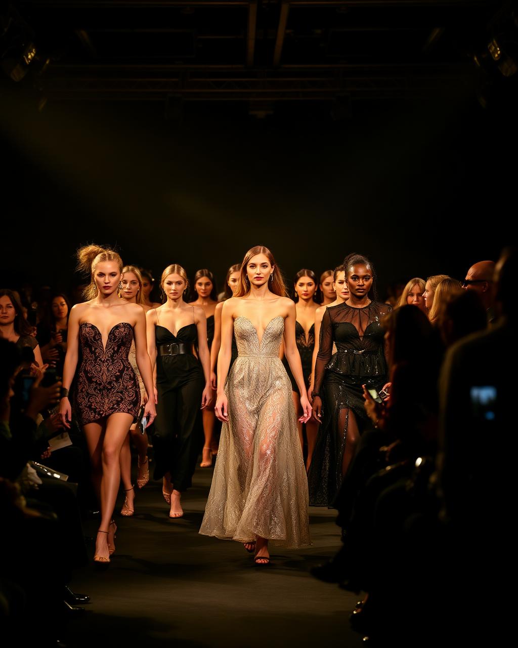 Models of different ethnicities walking a runway at a fashion show