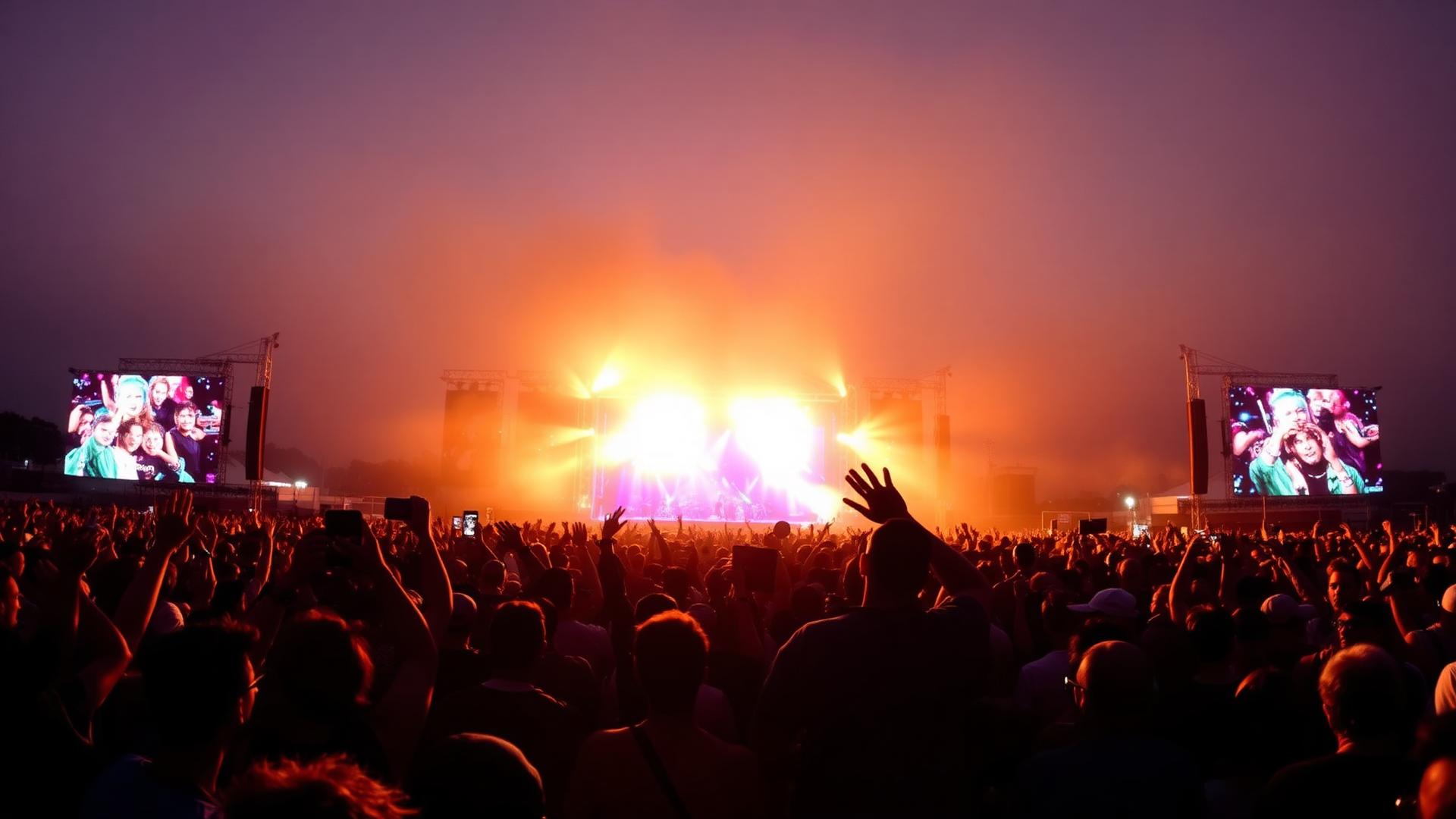 A large festival crowd in front of a main stage at dusk