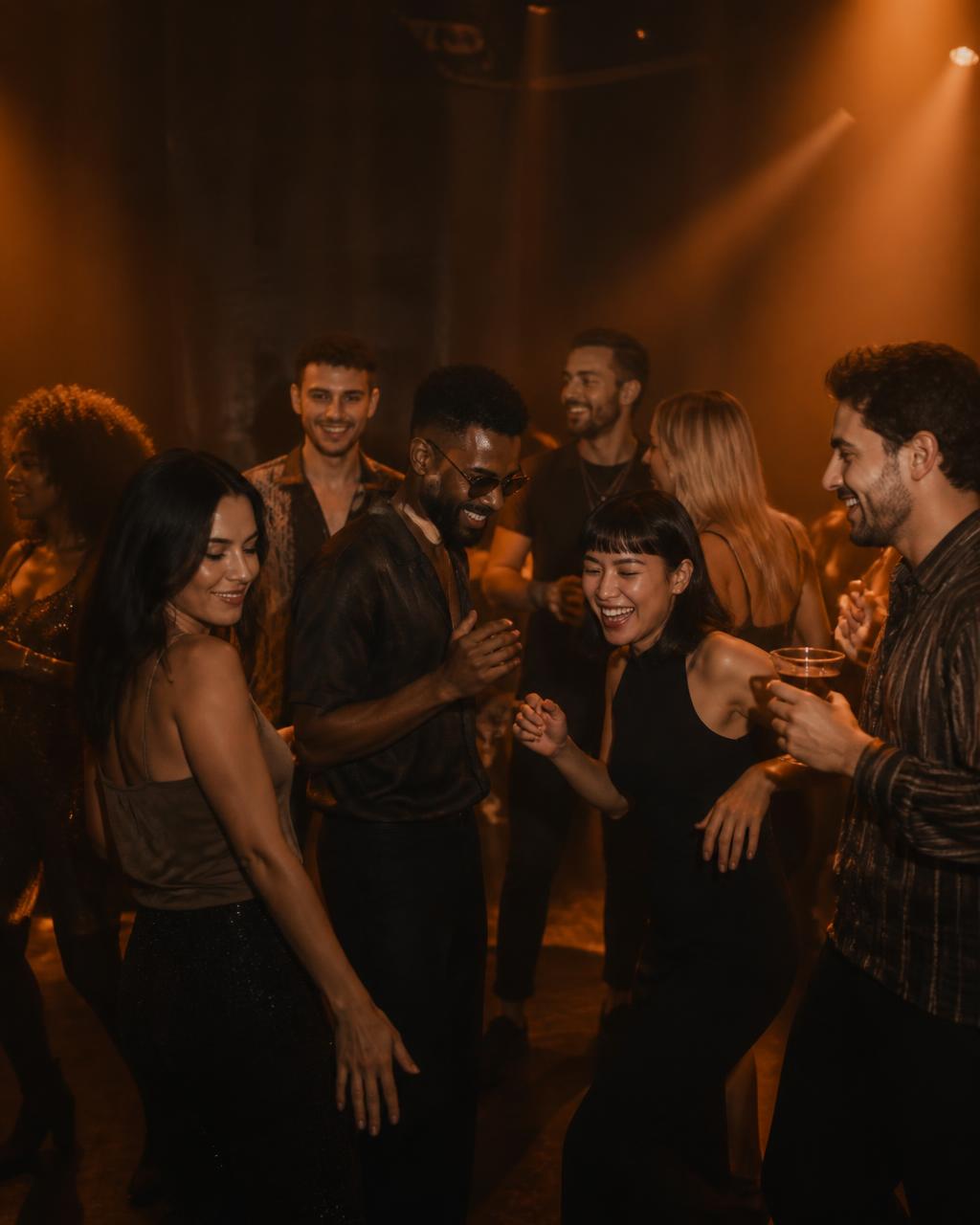 Friends dancing and laughing together at a nightlife experience