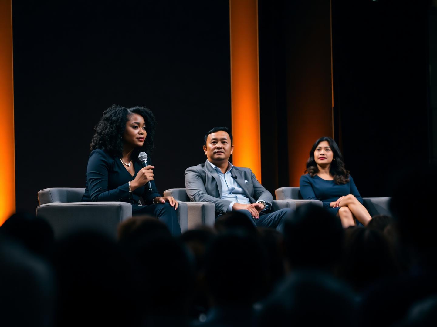 A diverse panel of speakers on stage in conversation